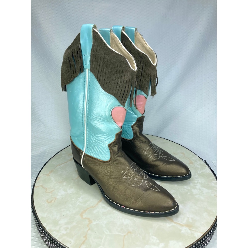 Old West Fringe Leather Western Boots Youth Sz 4.5 Turquoise Bronze Cowboy Rodeo